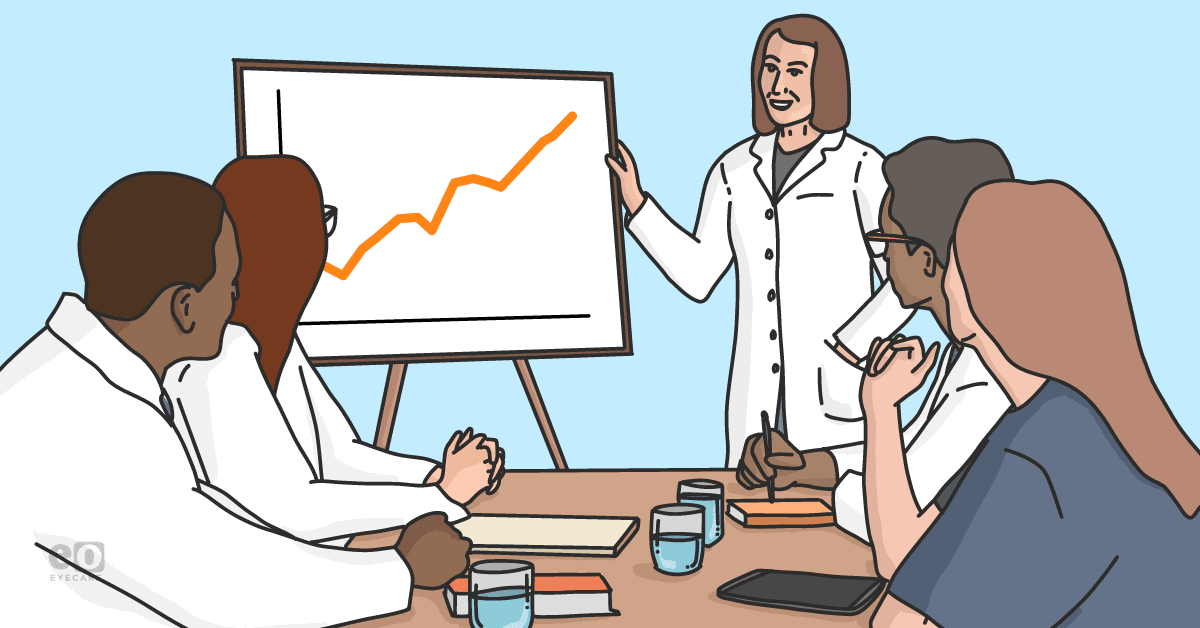 Illustration of an optometrist training staff on how to track optical metrics.