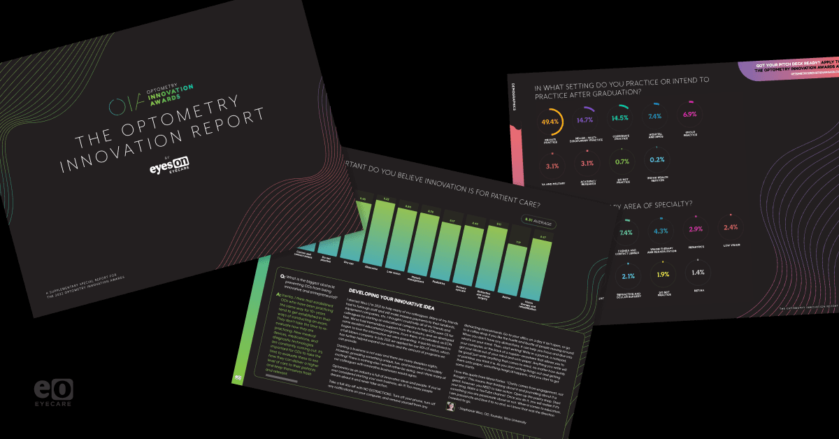 Image of multiple pages from the 2022 Optometry Innovation Report by Eyes On Eyecare.