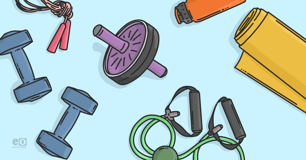 Image of exercise equipment like barbells, a jumping rope, and a yoga mat to represent the impact of exercise in intraocular pressure (IOP).
