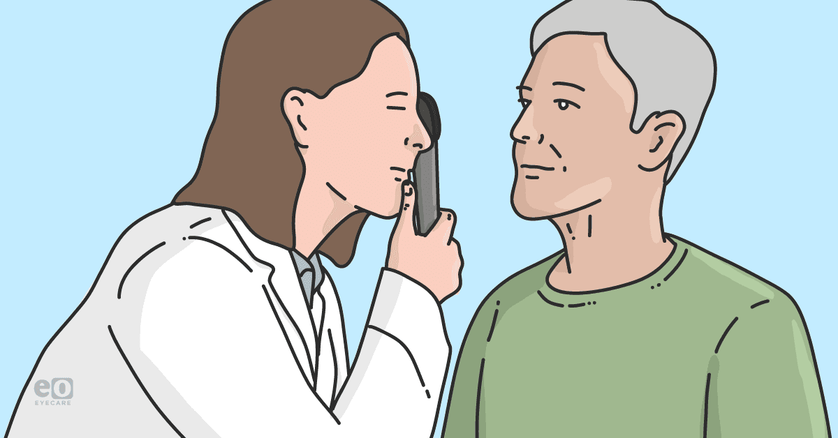 Image of an optometrist in a lab coat performing an eye exam on an elderly patient with Parkinson's disease.