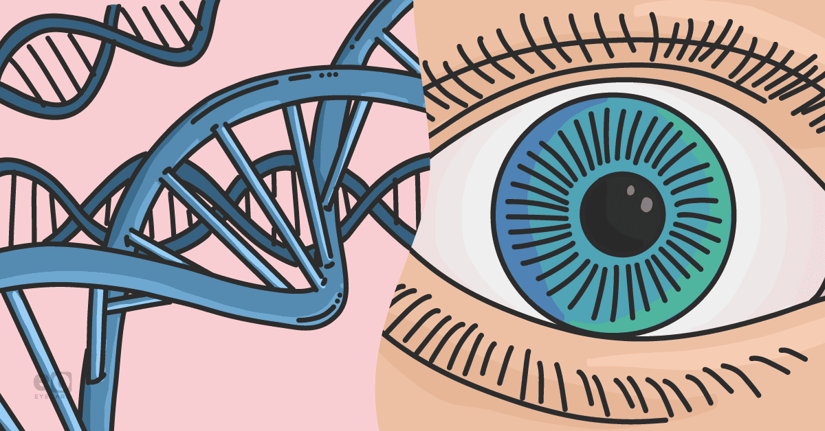 Image of DNA helices and an eye next to each other representing the value of gene therapy in inherited retinal diseases.