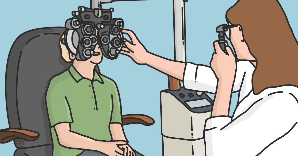 Illustration of an optometrist using a phoropter to conduct an eye exam on a patient to prescribe contact lenses or glasses.