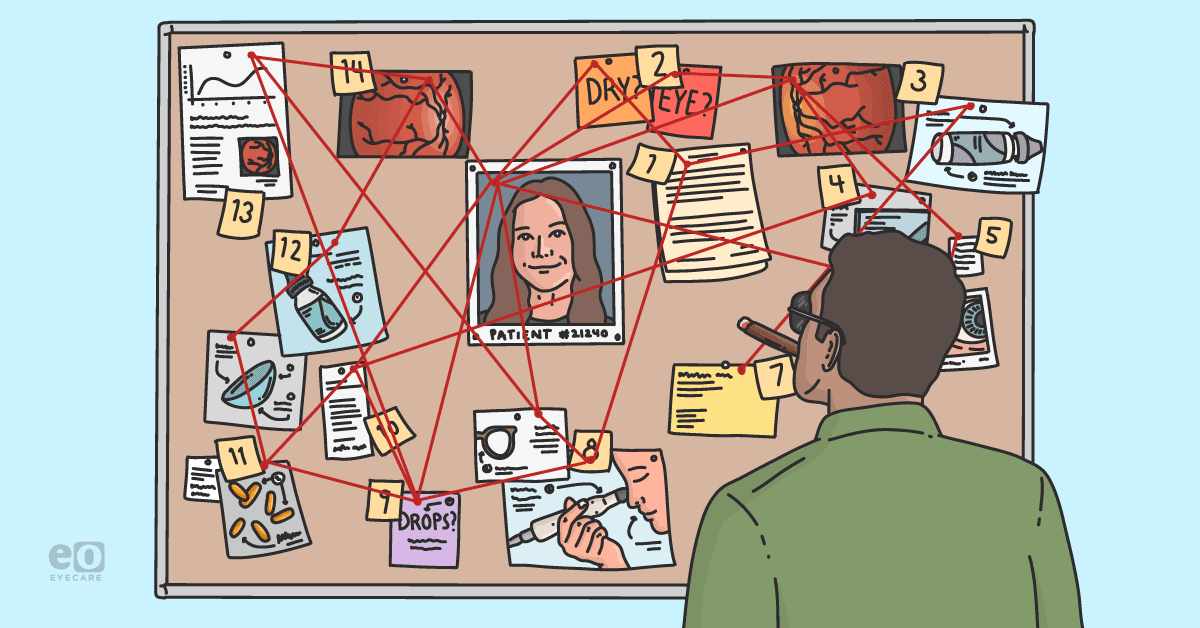 Image of a dry eye technician standing in front of a corkboard with patient information on it to represent them being a dry eye detective during patient intake.