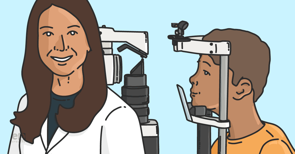 Image of a pediatric patient sitting at a slit lamp with an optometrist in a lab coat facing forward to represent the business of myopia management.