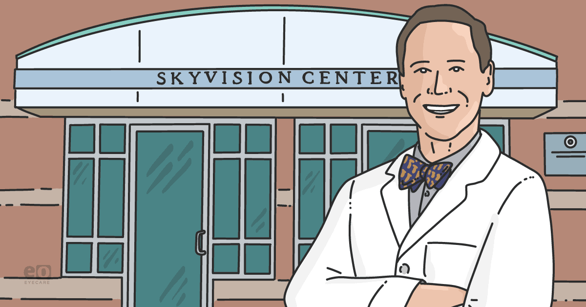 Image of an ophthalmologist standing in front of his private practice to represent how to successfully open a private ophthalmology practice with a positive work culture.
