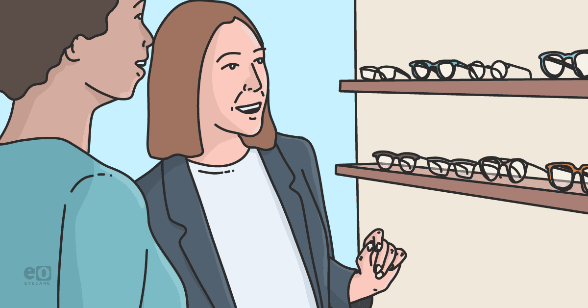 Image of an optician helping a patient select frames to purchase.