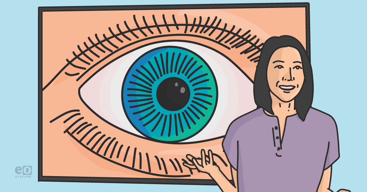 Illustration of the author Tiffany Yanase Park, OD, standing in front of an image of an eye, presenting a patient case.