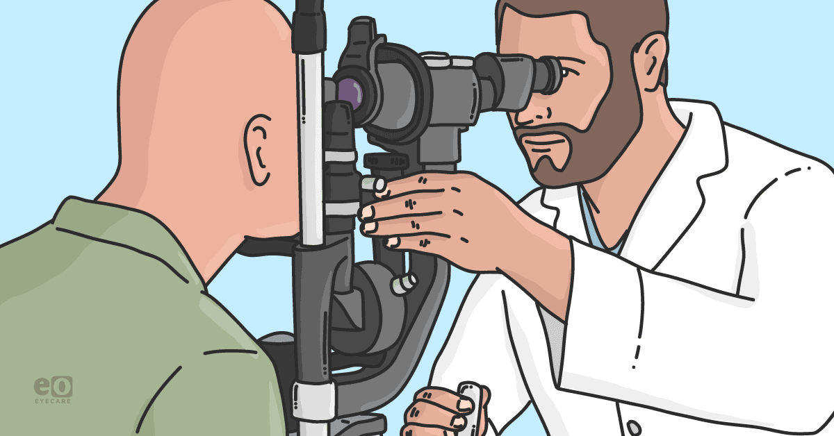 Image of an optometrist evaluating a patient at a slit lamp for dry eye or ocular allergies.