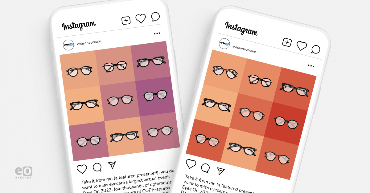 Image of two iPhones with Instagram open, displaying an eyecare practice using the fixed grid system.