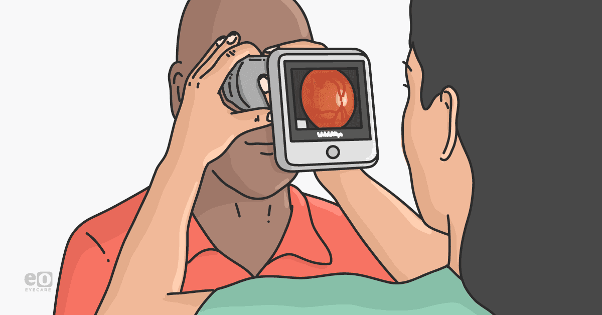 Illustration of an ophthalmologist performing teleretinal imaging to assess a patient's eye.