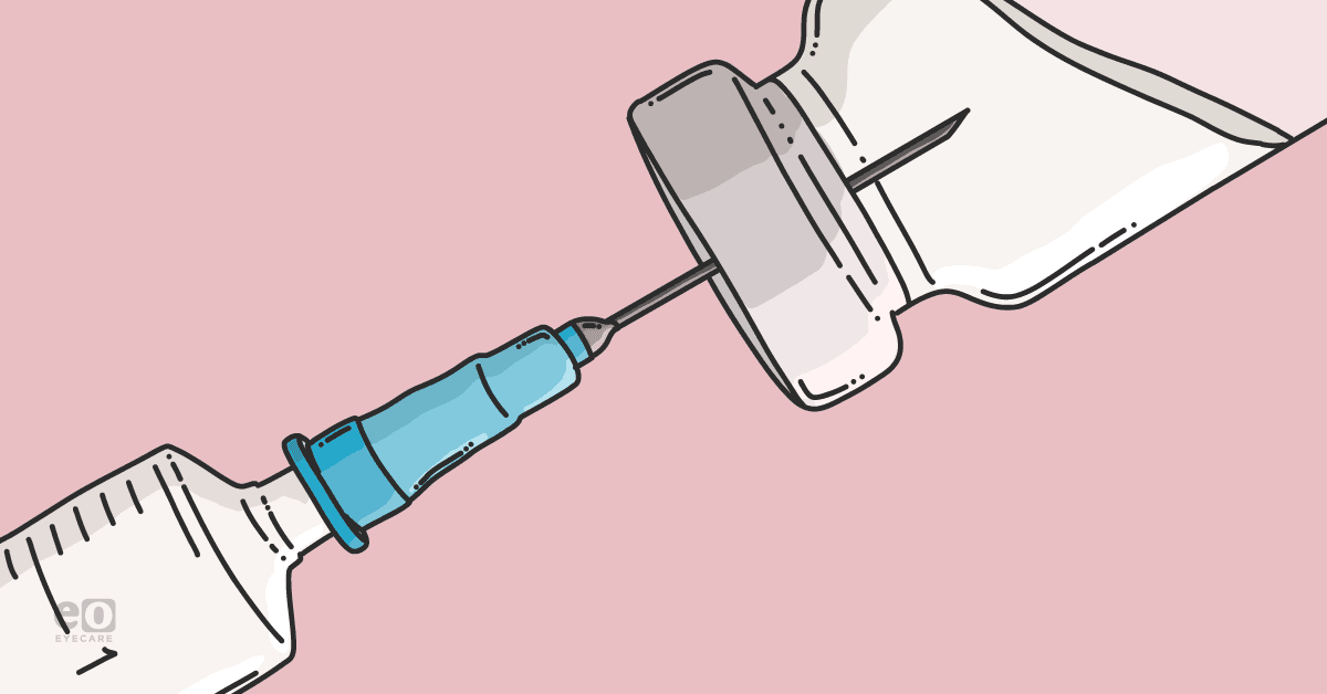 Illustration of a syringe inserted into a vial to prepare an intravitreal injection for a patient with wet age-related macular degeneration (AMD).