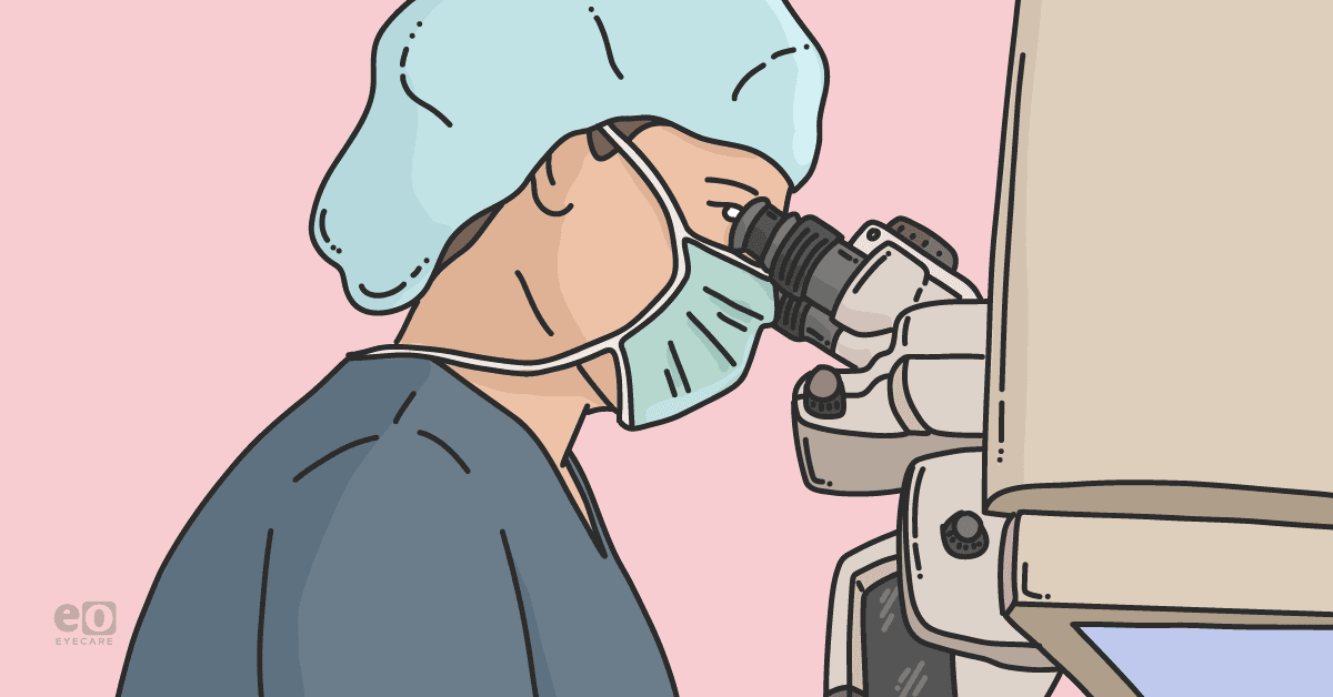 Illustration of an ophthalmologist in a surgical gown performing an ab interno microinvasive glaucoma surgery.