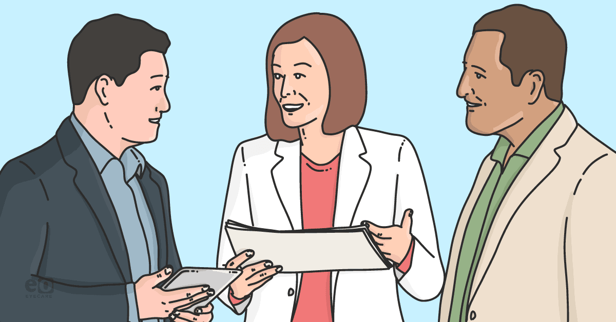 Illustration of an optometrist handing a patient off to an optician to capture in-office glasses sales.