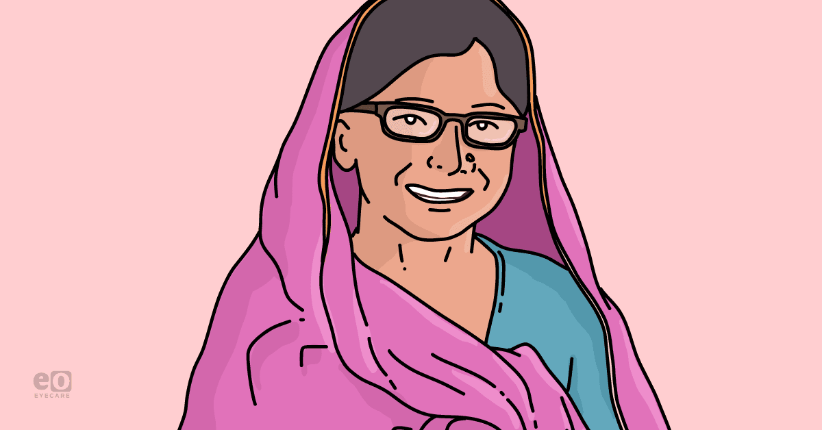 Image of a woman wearing glasses to represent gender disparities in global ophthalmic healthcare.