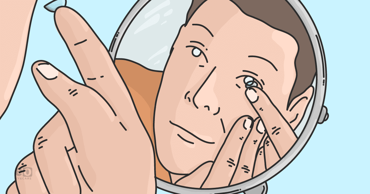 Closeup of a person looking in a mirror as they insert a daily disposable contact lens.