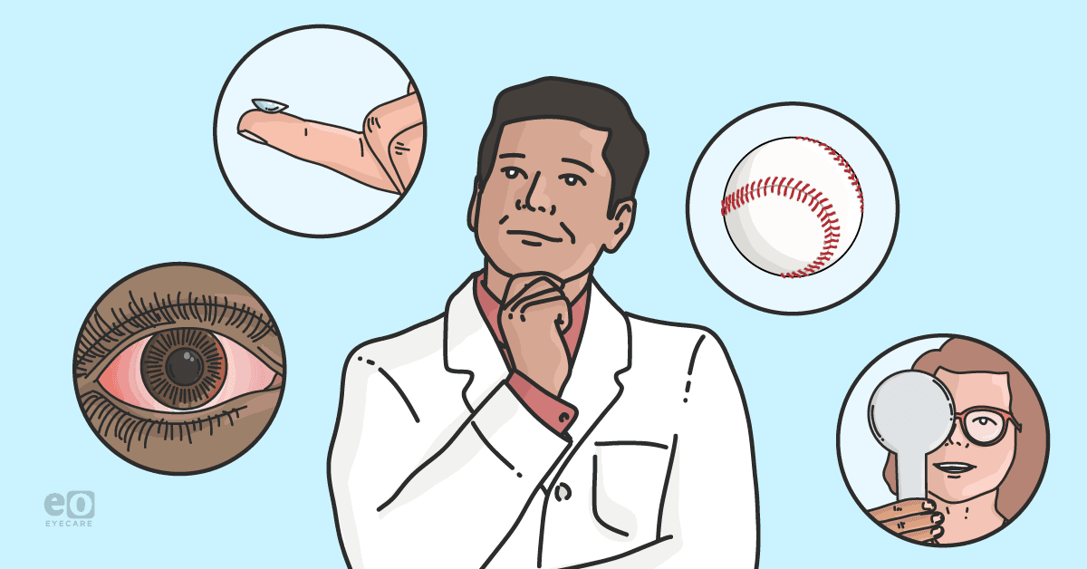 Image of an optometry student in a lab coat considering different career paths, such as ocular disease, vision therapy, sports vision, and contact lens.