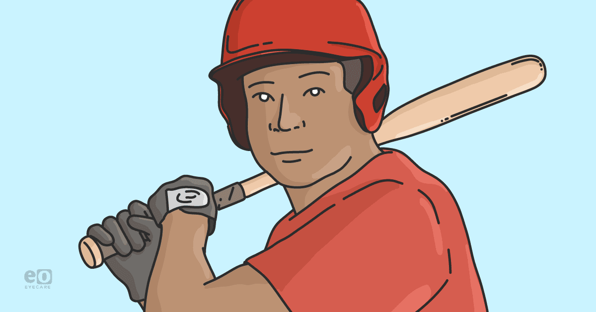 Closeup of a baseball player holding a bat on his shoulder preparing to swing to represent the intersection of sports vision and primary care optometry..