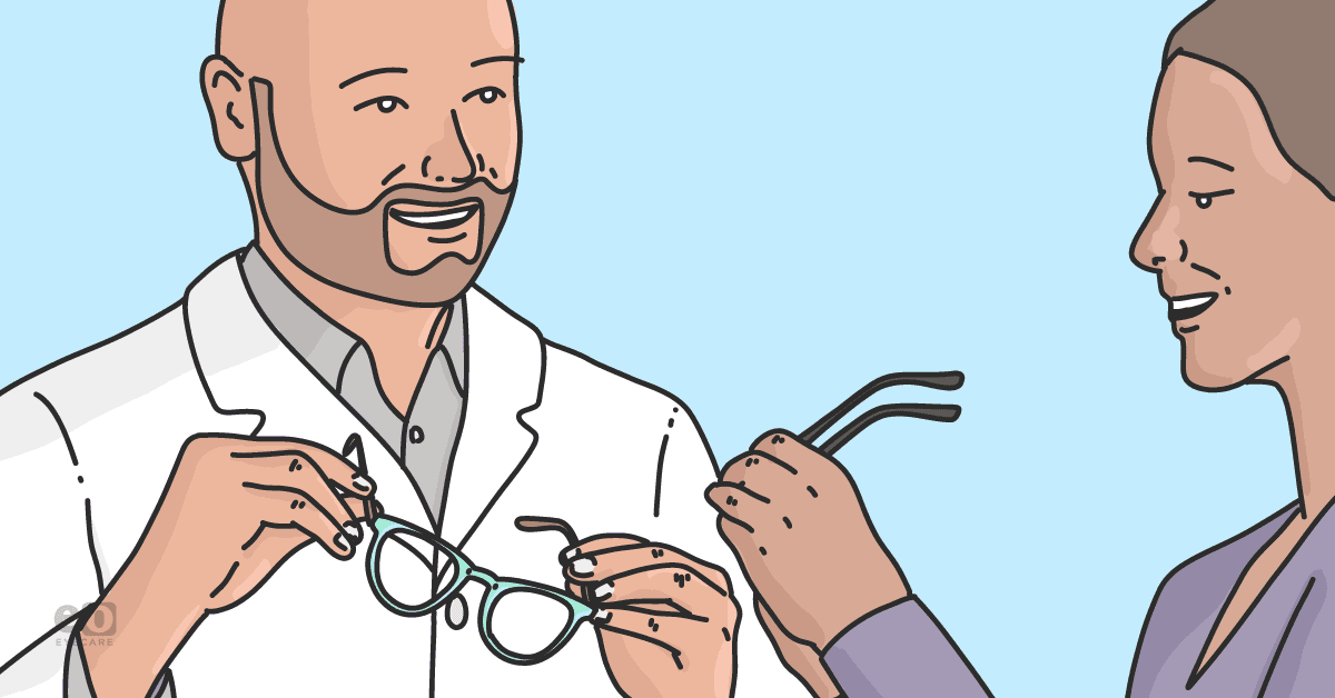 Image of an optometrist holding frames discussing and discussing the frames capture rate with an optician to improve the optical capture rate.