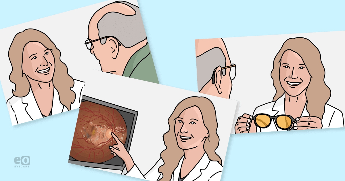 Images of an optometrist aiding a patient through the geographic atrophy treatment process, including diagnostic imaging, low vision services, and treatment counseling.