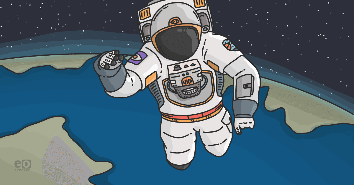 Image of an astronaut floating in space with the Earth behind them to represent spaceflight-associated neuro-ocular syndrome (SANS) and its impact on astronauts.