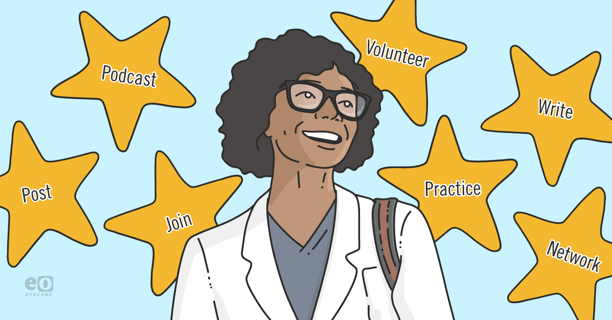 Image of an optometry student surrounded by activities to help them stand out, including podcasting, volunteering, writing, networking, and posting on social media.