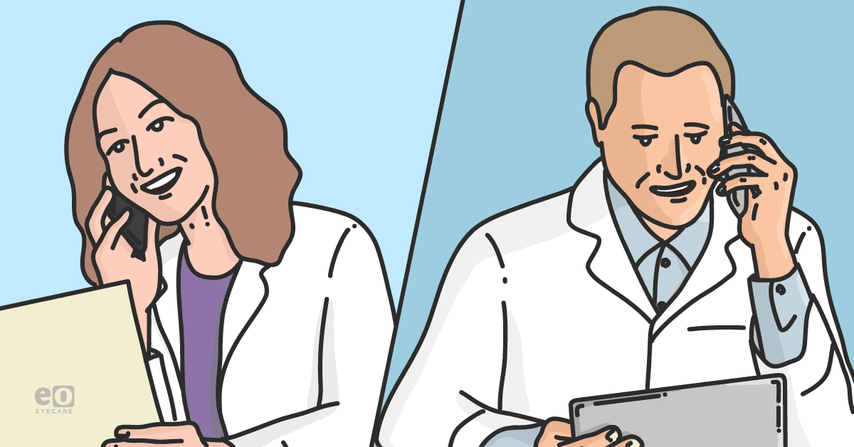 Image of an optometrist and ophthalmologist in lab coats co-managing a refractive surgery patient by discussing lab results over the phone.