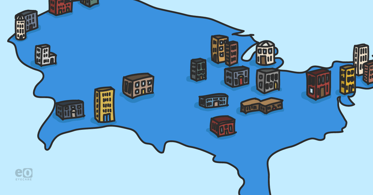 Illustration of the United States with buildings marking the locations of the 24 existing optometry schools.
