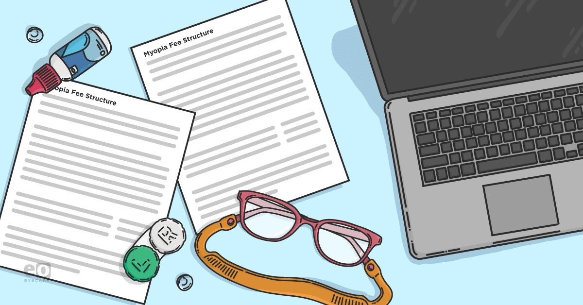 Image of myopia fee structure papers, artificial tears, a contact lens case, and glasses next to a computer to represent how optometrists can structure myopia management fees.