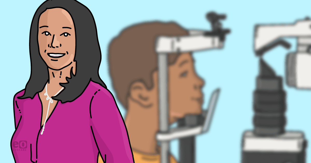 Image of an optometrist with a myopia clinic standing in front of a child undergoing a slit lamp exam to check for signs of myopia.