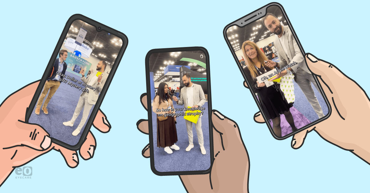 Image of three cellphones playing videos from the Eyes On Eyecare segment $1 or mystery gift - geographic atrophy edition.