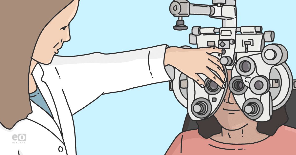 Image of an optometrist performing an eye exam with a phoropter.