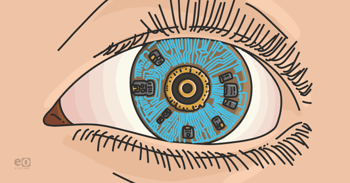 Closeup of an eye with futuristic circuitry inside it to represent the role of artificial intelligence (AI) and machine learning in anterior segment disease detection.