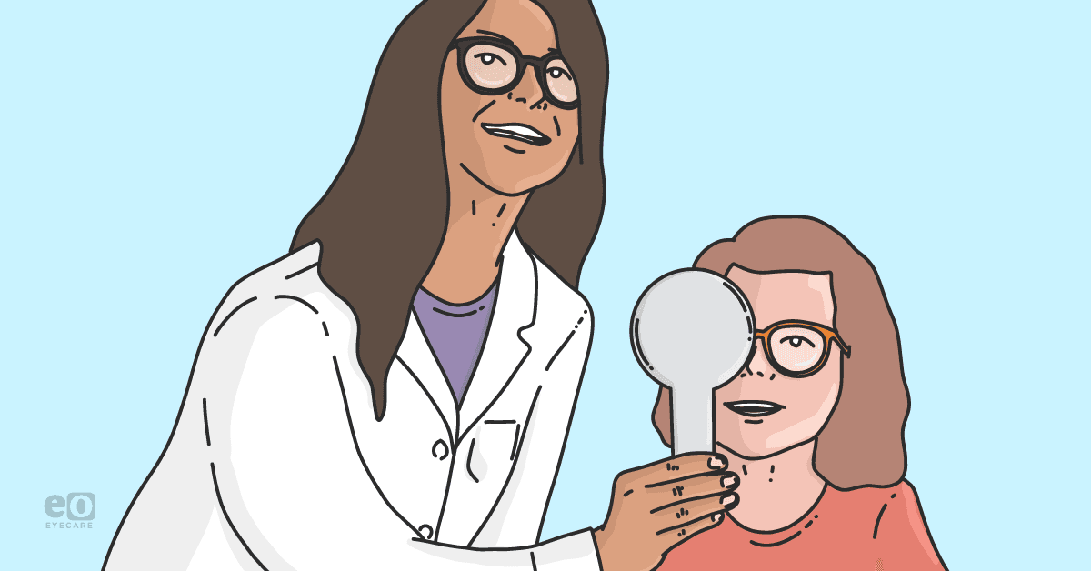 Image of an orthoptist in a lab coat performing vision testing with a child who has an eye movement disorder.