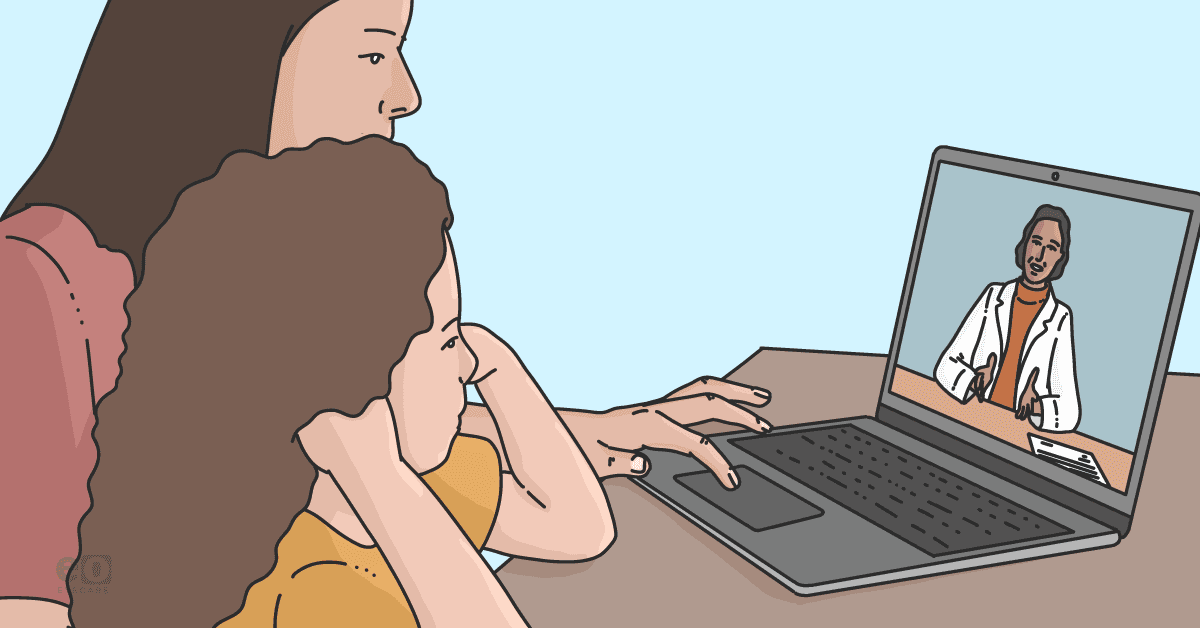 Image of a parent and child discussing myopia with an optometrist via a telehealth visit on a laptop.