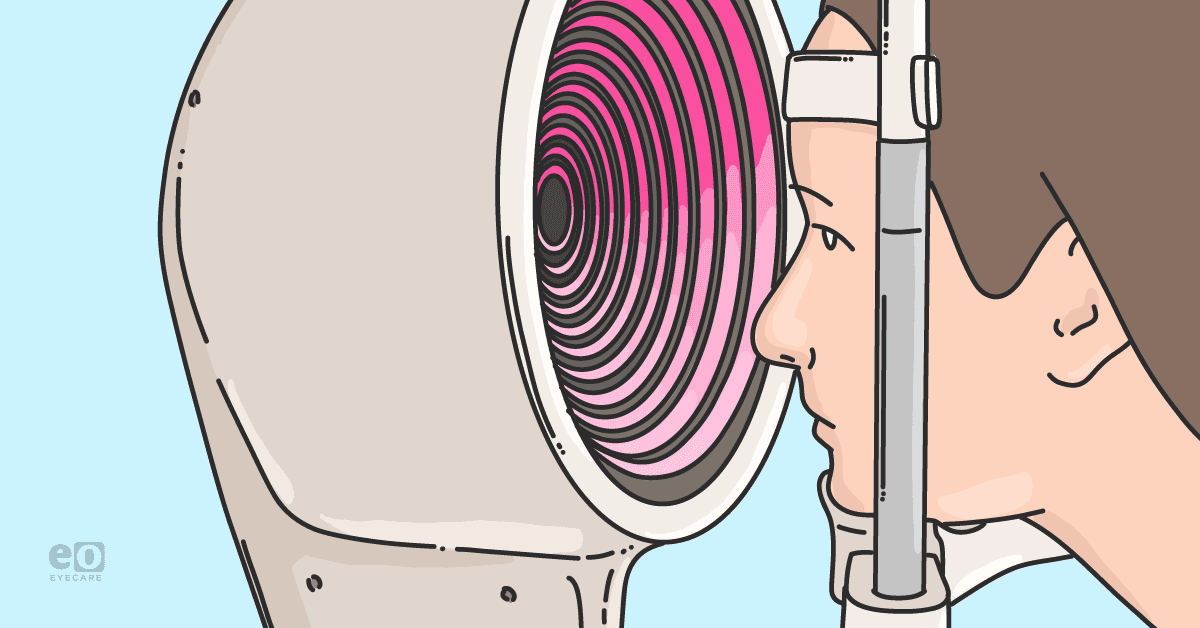 Image of a patient undergoing an examination with ocular surface imaging via corneal topographer to identify dry eye disease (DED).