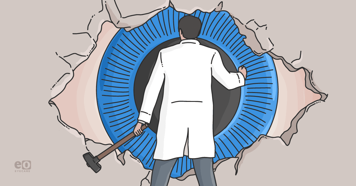 Image of an optometrist breaking down a barrier with a sledgehammer to help a dry eye patient.