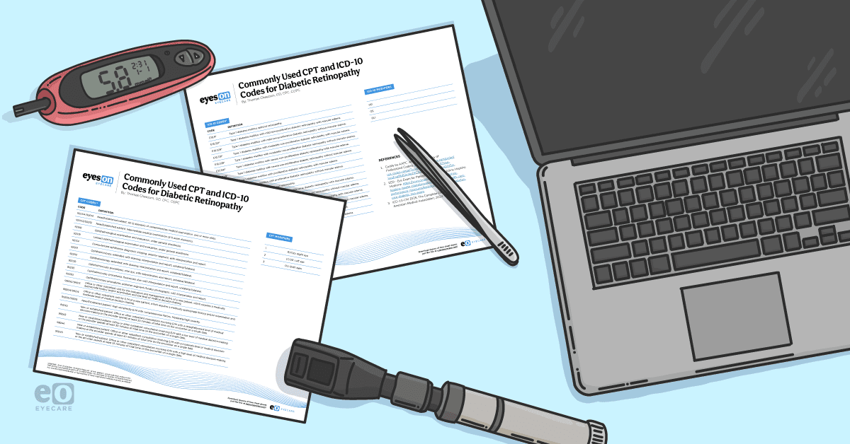 Image of two sheets with ICD-10 and CPT codes for diabetic retinopathy sitting next to a glucometer and laptop.