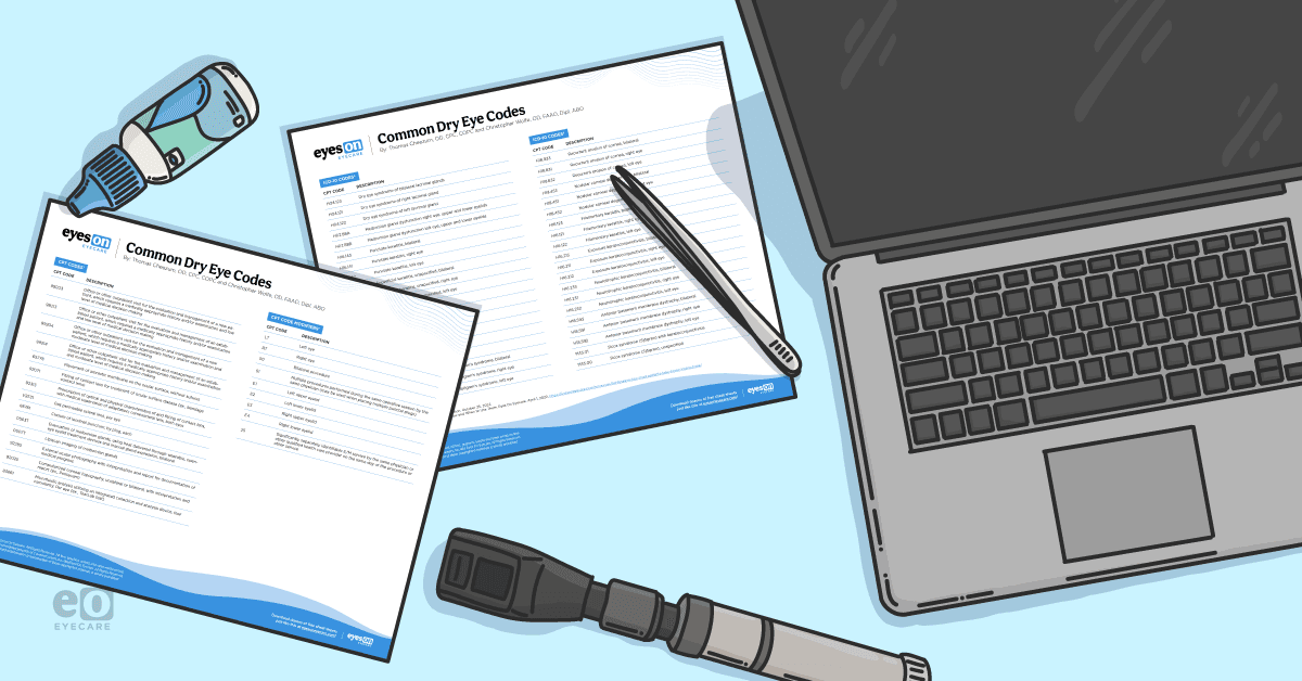Image of a laptop and vial of artificial tears next to pages from the downloadable cheat sheet with dry eye codes to improve billing.