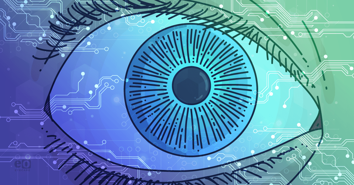 Image of computer circuitry overlaying a closeup of an eye to represent artificial intelligence (AI) in primary eyecare.