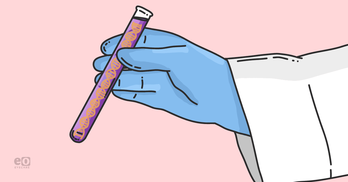Illustration of an ophthalmologist holding a vial filled with purple liquid and a DNA helix representative of genetic testing available for inherited retinal diseases.