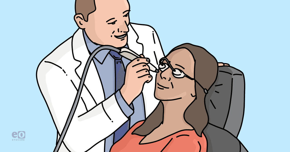 Image of an optometrist in a lab coat performing intense pulsed light (IPL) therapy on a dry eye patient.