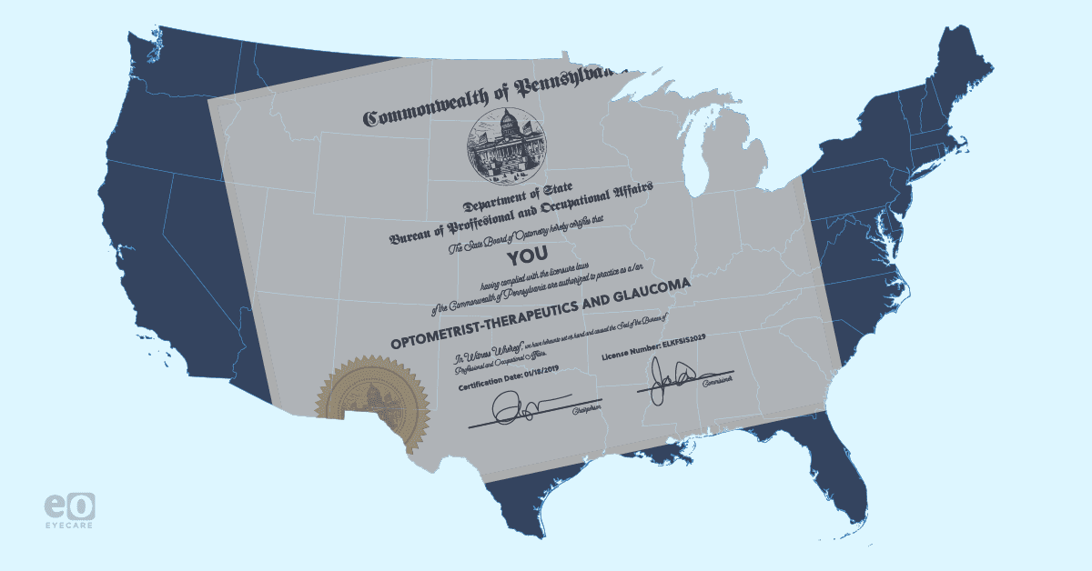 Illustration of the continental United States with a translucent optometry license certificate superimposed.