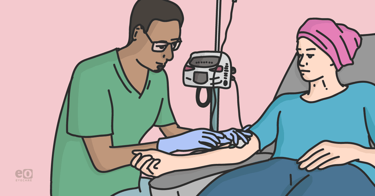 Illustration of a healthcare professional helping a patient during a chemotherapy session.