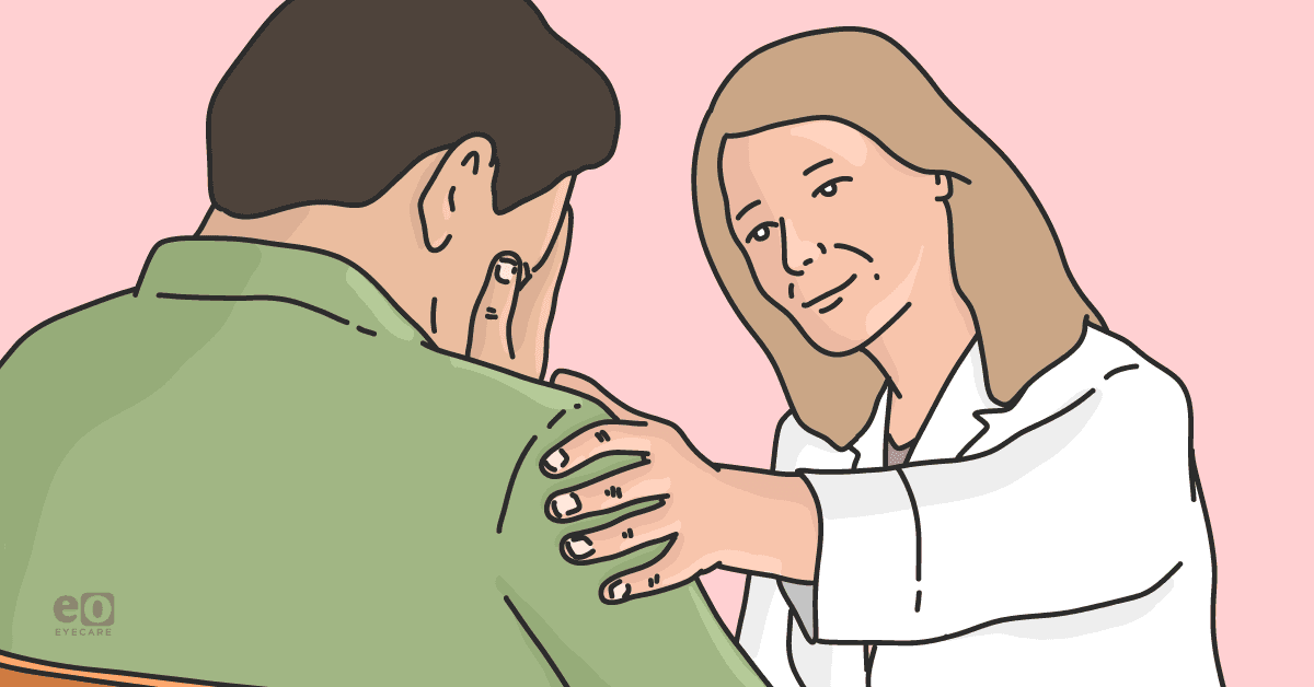 Image of an ophthalmologist in a lab coat comforting a distraught patient with dry eye and a concomitant mental health disorder.