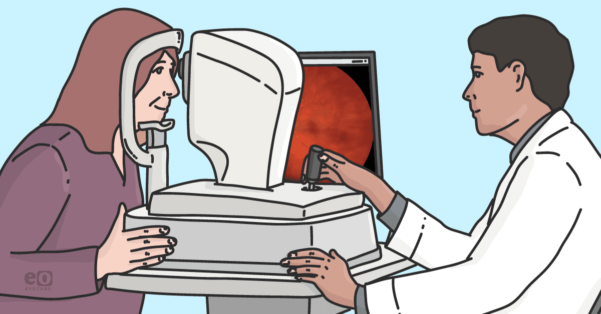 Image of an optometrist performing a dilated fundus exam on a patient with intermediate uveitis.