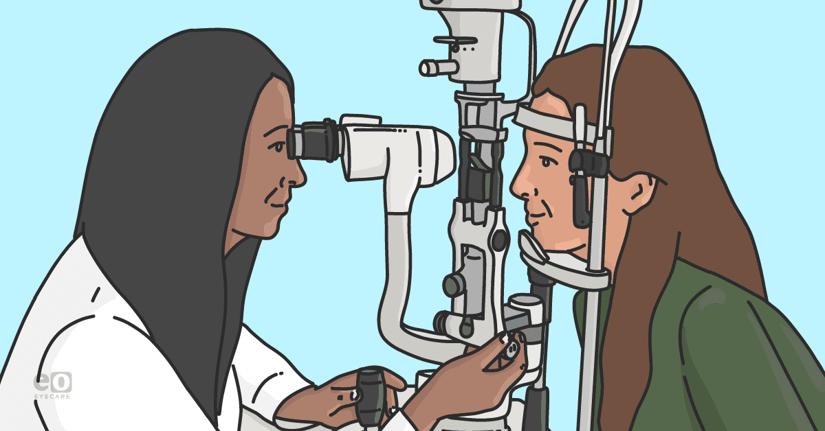 Image of an optometrist performing a slit lamp exam on a patient with normal-tension glaucoma.