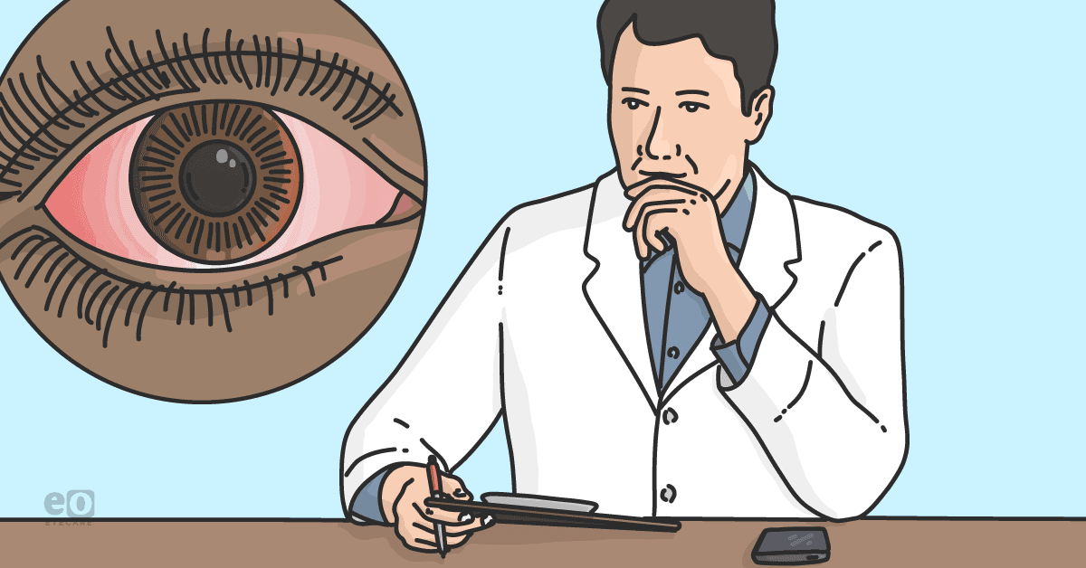 Image of an optometrist next to a closeup of a red eye to represent considering whether the patient has a condition that masquerades as dry eye.