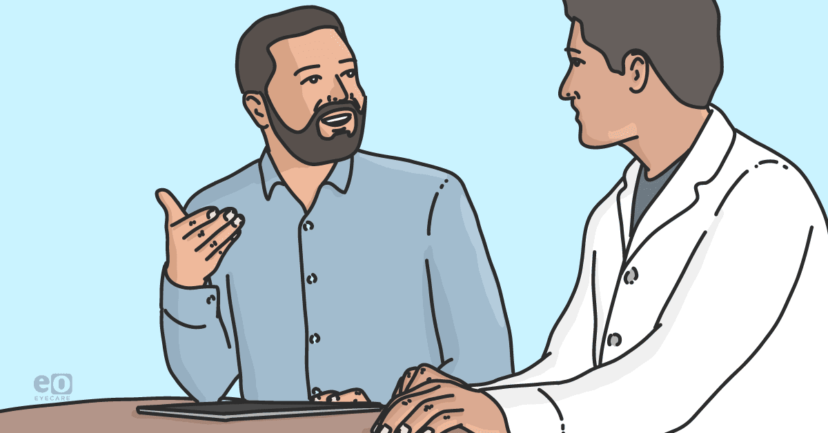 Image of a dry eye technician discussing diagnostic results with an optometrist to improve patient compliance.