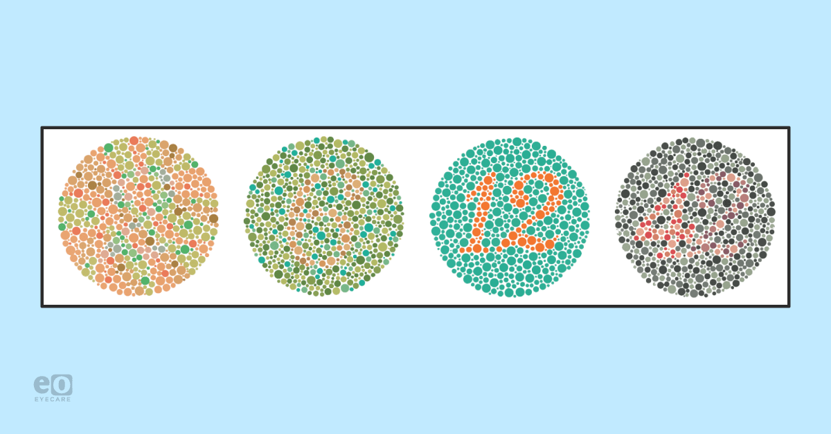 Image of four Ishihara color plates (with the numbers 2, 6, 12, and 42 inside), which are color vision tests used to detect color vision deficiencies.
