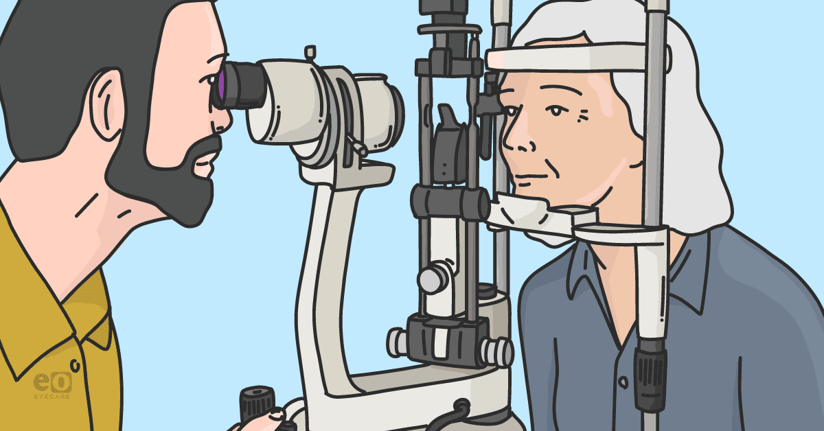 Image of an optometrist performing a slit lamp examination on a patient with non-glaucomatous optic nerve disease.